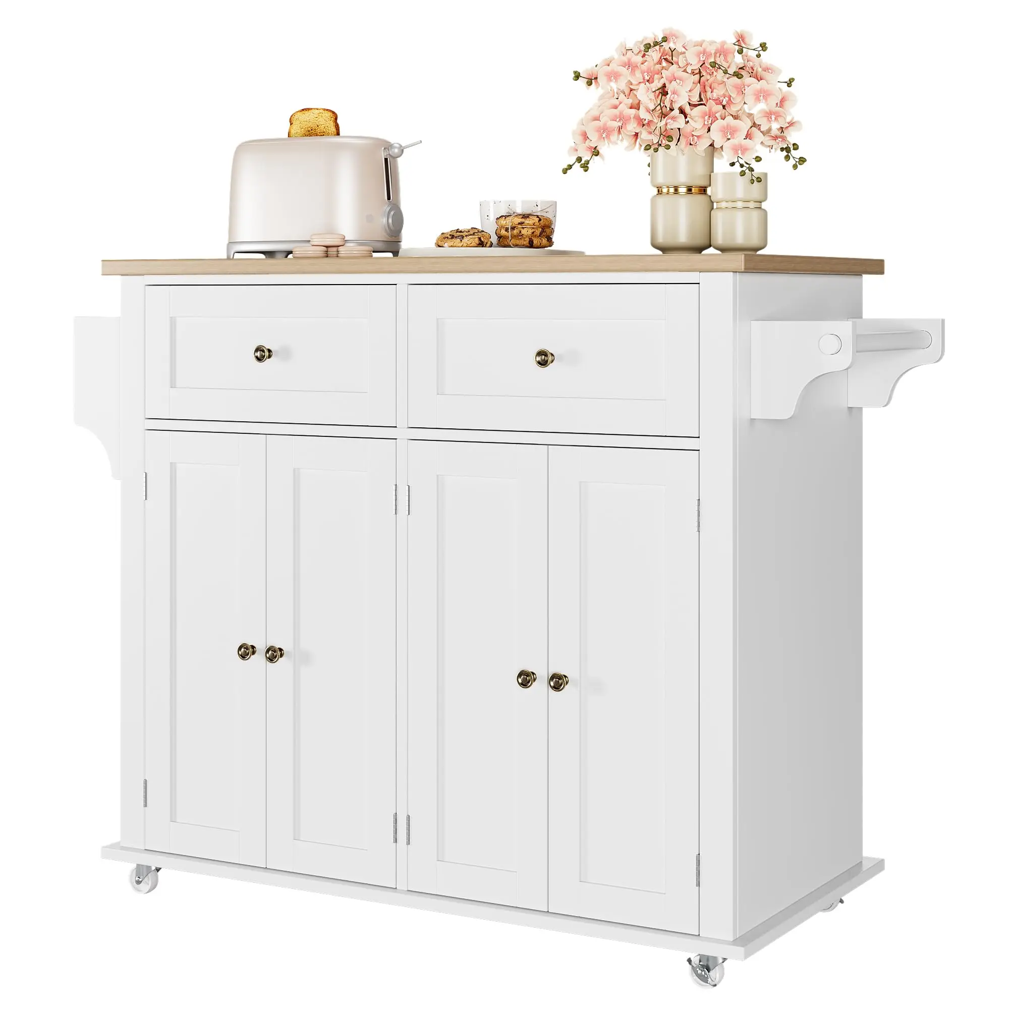 

White Kitchen Island Cart With Wood Top, Rolling Mobile Storage Cart With Drawers And Cabinets