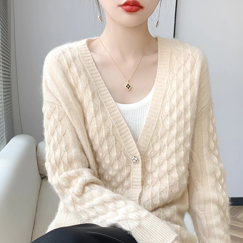 Pure Wool Cardigan Women's V-neck Sweater Cardigan Mujer Long Sleeve Top Knitwear Korean Fashion Style New Coat Crochet