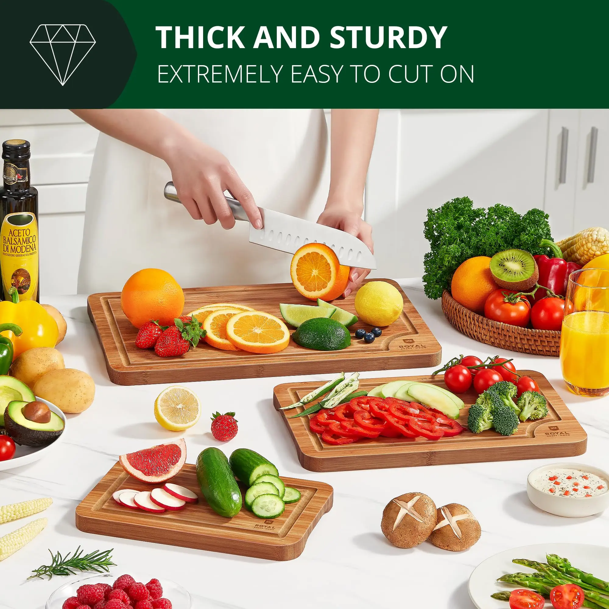 

Deep Carbonized Bamboo Wood Cutting Boards Durable 3-Piece Set Juice Grooves Large Handle Easy Use Pizza Meat Chopping Kitchen