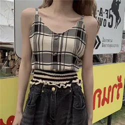 Spring Summer 2024 New Korean Fashion Buttons V-neck Camis Women Clothing All-match Pleated Elasticity Plaid Camisole Femme