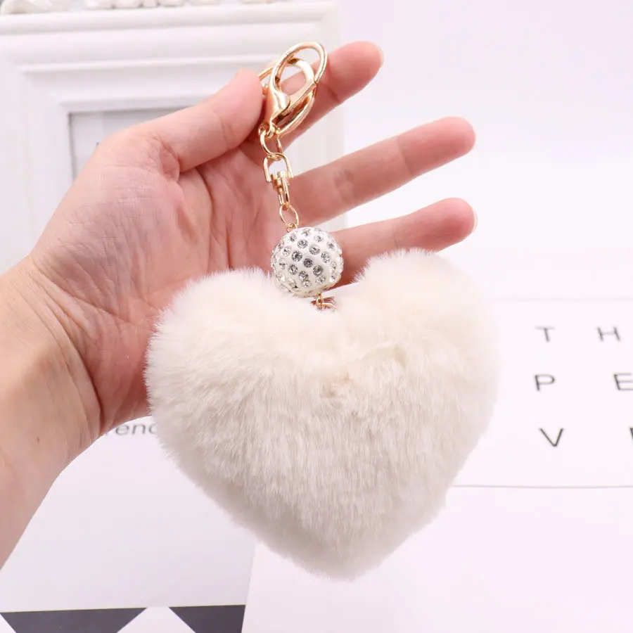 Soft Rabbit Fur Love Zircon Ball Charm Key Chain Jewelry for Women Colorful Love Key Ring Accessories Bags Keychains for Girls