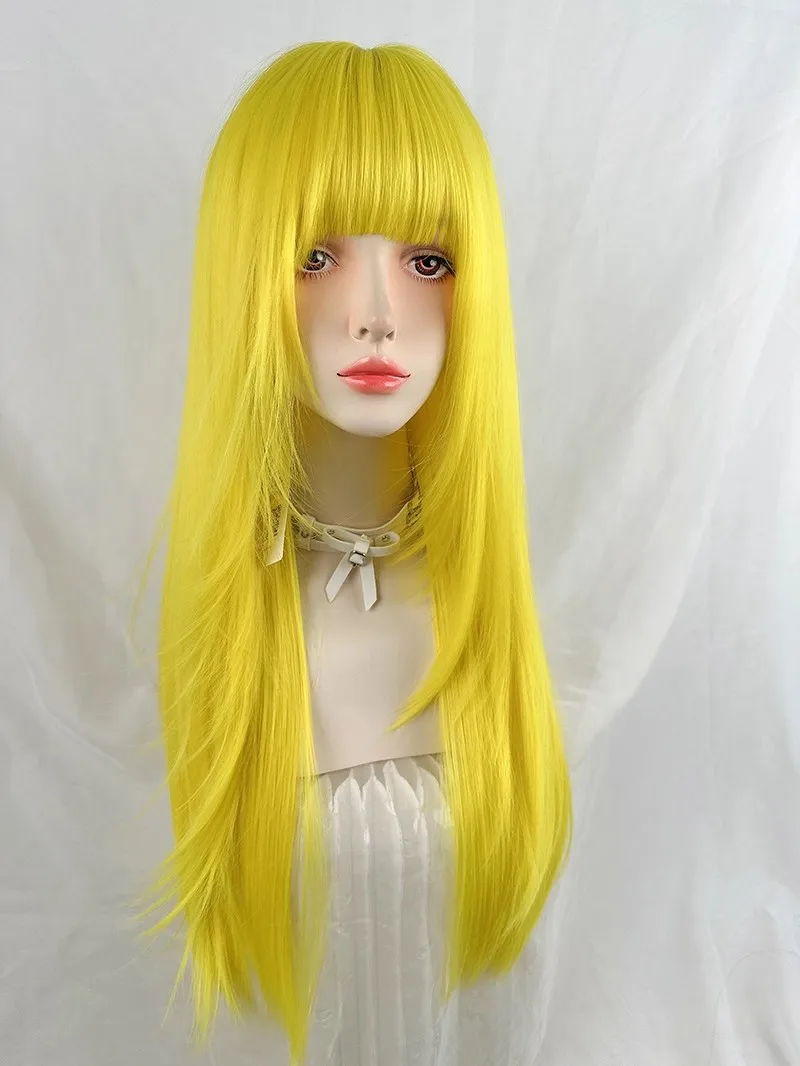 Bright Yellow Long Straight Wig with Bangs Synthetic Hair Wig For Cosplay Halloween Party Daily High Temperature Fiber