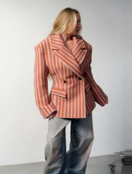 Orange Vertical Striped Blazer Notched Lapel Double Breasted Raw Edge Collar Flap Pockets Loose Women Casual Suit Jacket 260701