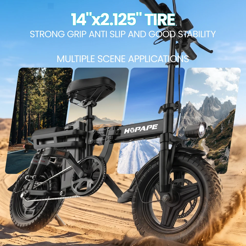 HOPAPE Foldable Electric Bike 748W Brushless Motor 48V 15Ah Battery 8-Layer Shock Absorption 20MPH Max Speed 25-30 Miles Range Dual Disc Brake 14"x2.125" All Terrain Folding E-Bike image 5