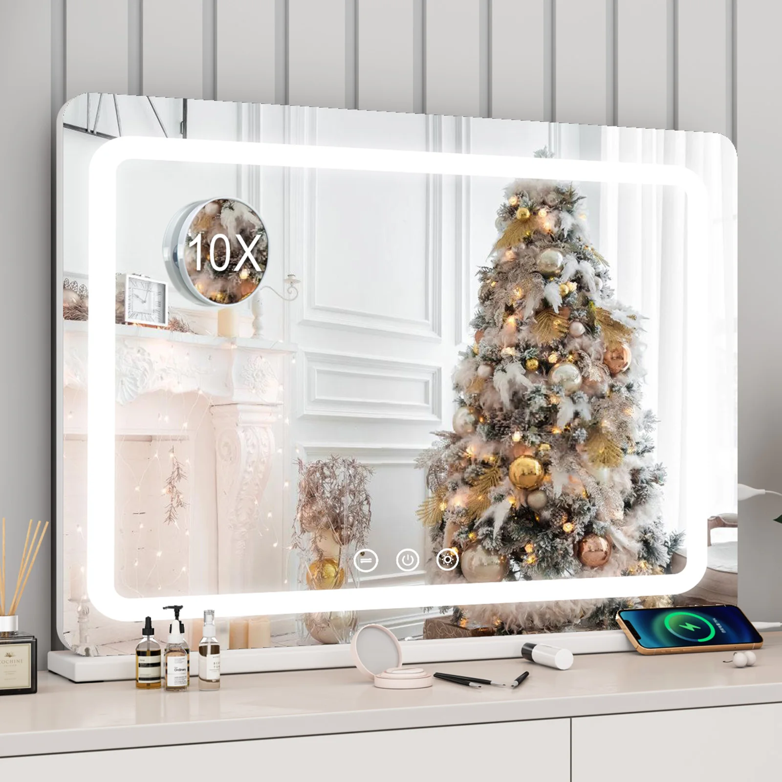 Miroir de salle de bain LED 80x55cm, commande tactile murale, miroir de vanité éclairé à intensité variable, miroir décoratif moderne pour chambre à coucher