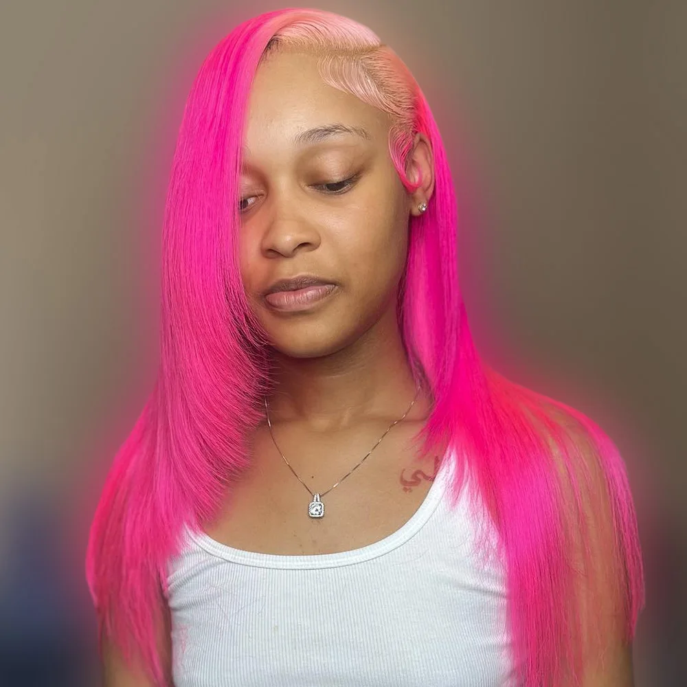 Rose Pink Straight  Lace Front Pre-Stretched Wig Transparent 13X6Lace Front Wig Human Hair 13x4 High Gloss Wig 250 Density