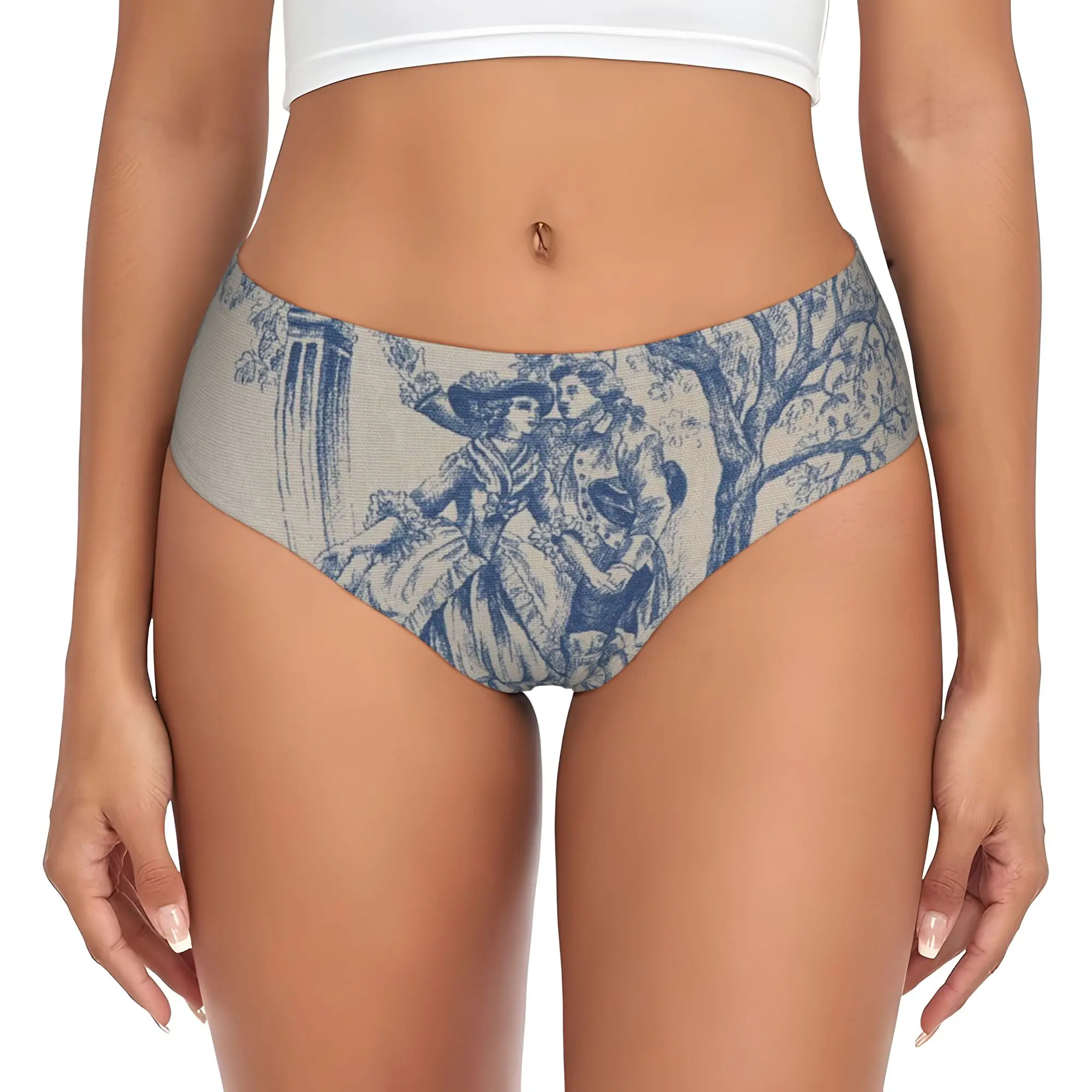 Vintage Classic French Toile De Jouy Navy Blue Motif Pattern Brief Panties for Women Breathable Stretch  Underwear