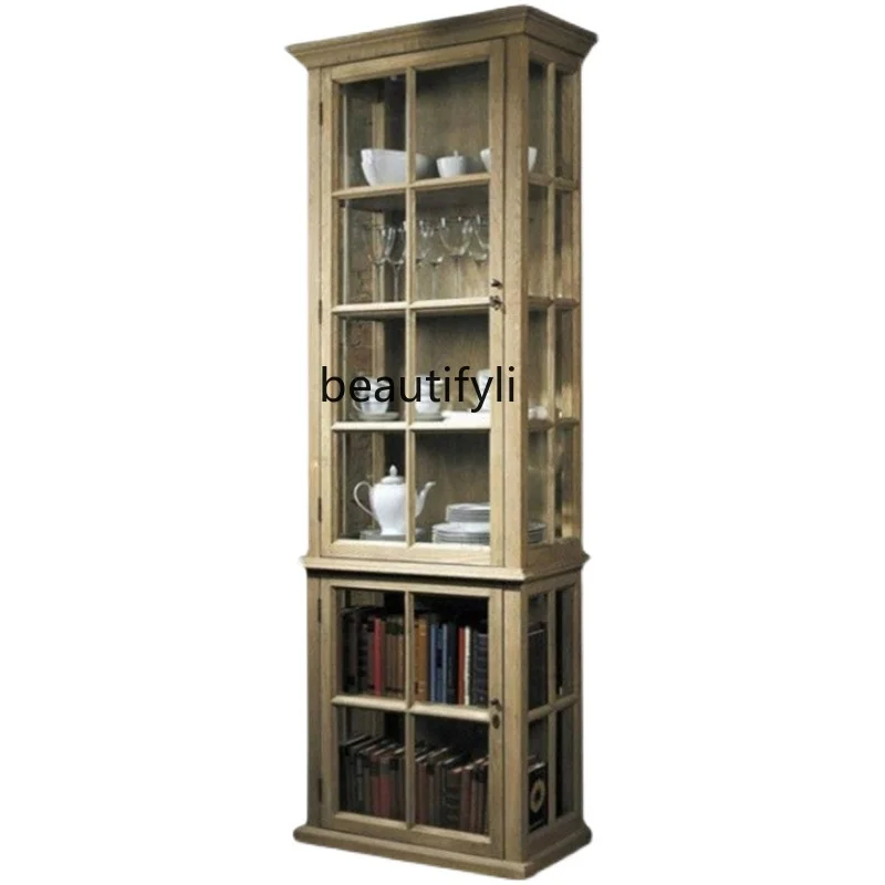 

American-Style Solid Wood Wine Cabinet Glass Door Display Cabinet Retro Distressed Furniture Storage One-Door-Open Cabinet