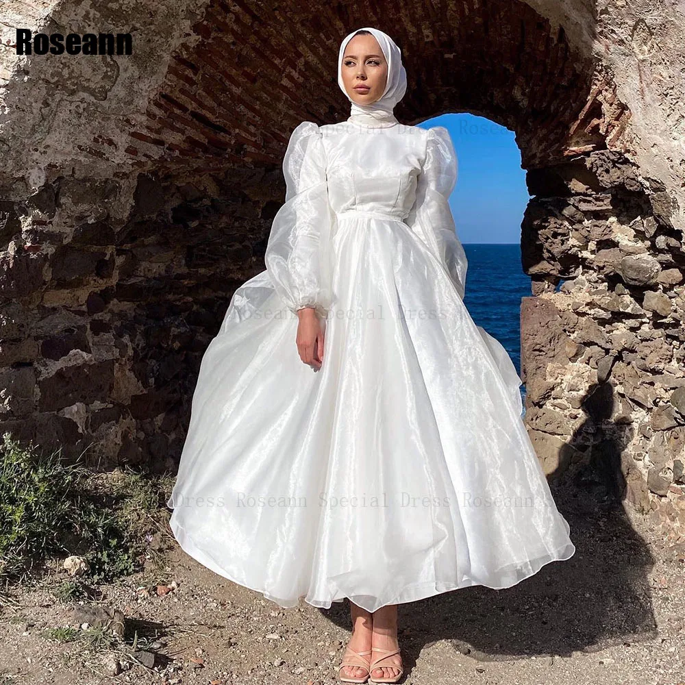 Muslim Exquisite Ivory 2024 High Collar A-line Wedding Dresses Tulle Draped Pleat Full Anke Length Bride Dress robe de mariée