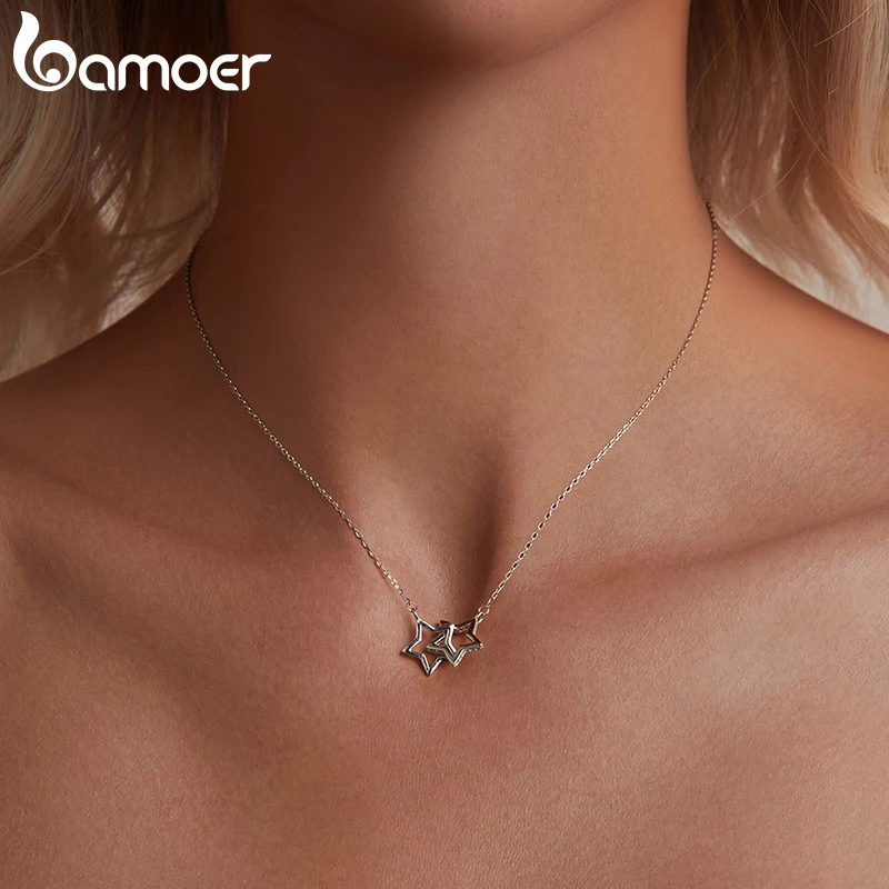 

Bamoer Star Necklace 925 Sterling Silver Unique Double Stars Pendant Design Necklace Gril Women Fine Jewelry Nice Gift