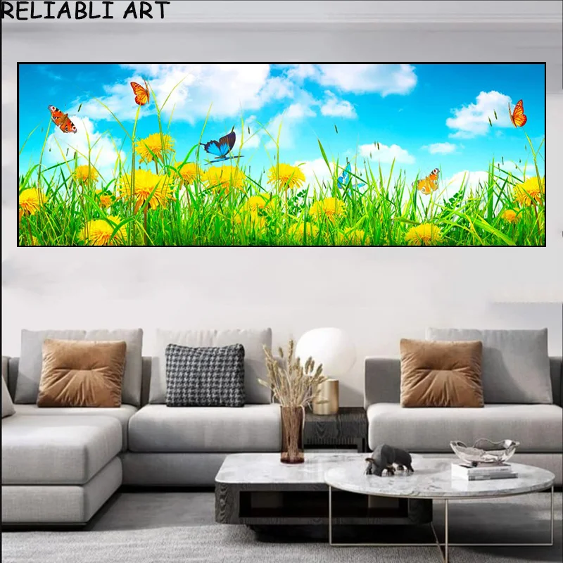 Sky Cloud Grass Butterfly Sunflower Landscape Poster and Prints Canvas Painting Wall Art for Living Room Home Decor No Frame