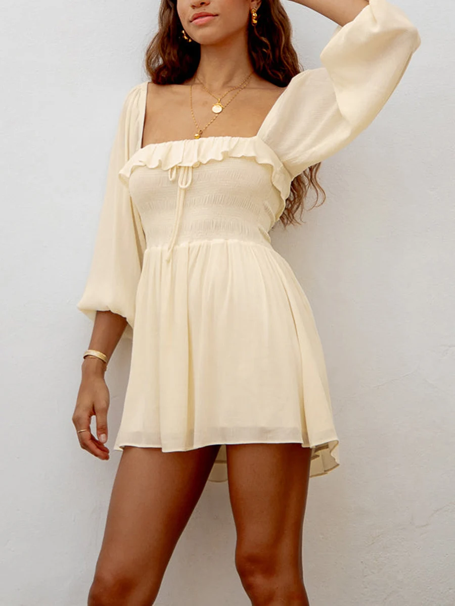 Mini Robe Cami Blanche à Manches sulfpour Femme, Col Carré, à Volants, à la Mode, Été