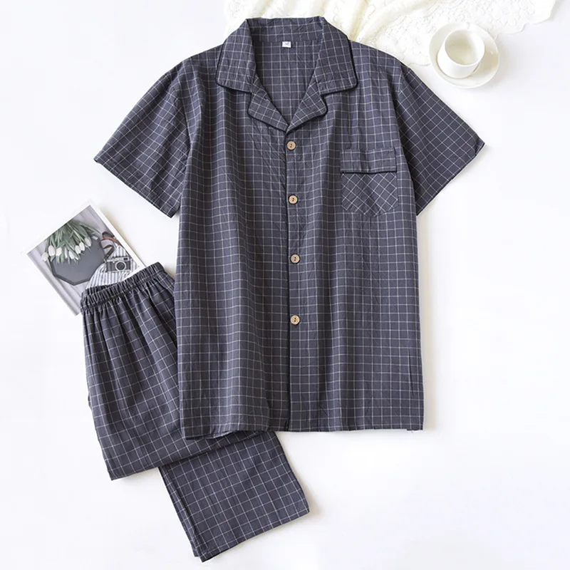 Summer Couples Cotton Pajamas Men and Women Short Sleeves Home Clothes Fashion Simple Plaid Pajama Set Plus Size 2 Piece Set