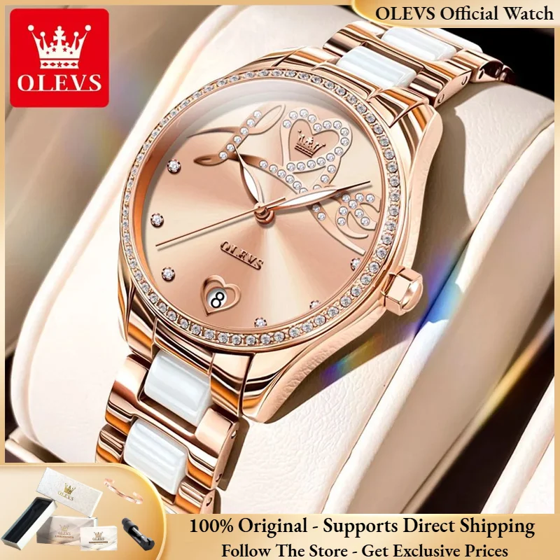 

OLEVS 6686 Роскошные элегантные женские часы с элегантным бриллиантовым циферблатом Love, керамический ремешок, элитный женский автоматический механический браслет для часов