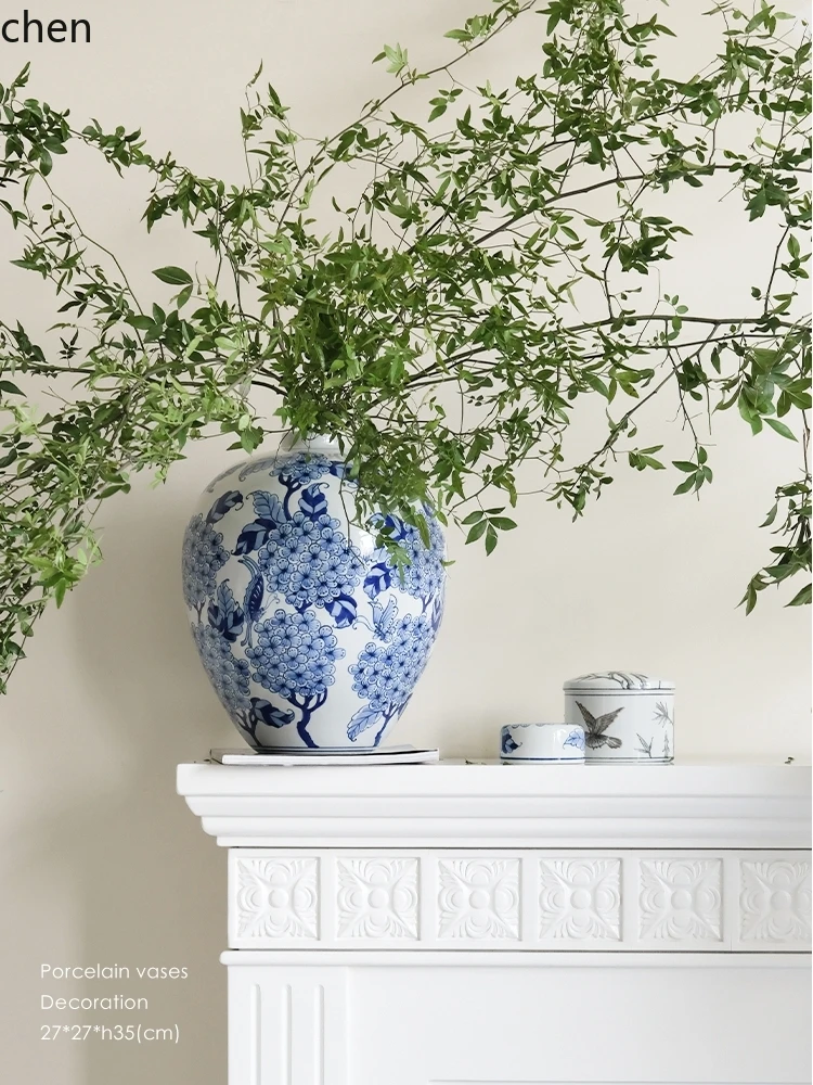 

LXC Blue and White Porcelain "Big Belly Brings Fortune" New Chinese Style Vase Entrance Decoration