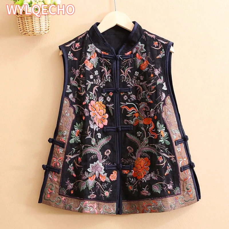 2023 traditional chinese women vintage elegant vest flower embroidery cotton linen vest women tops elegant oriental tang suit