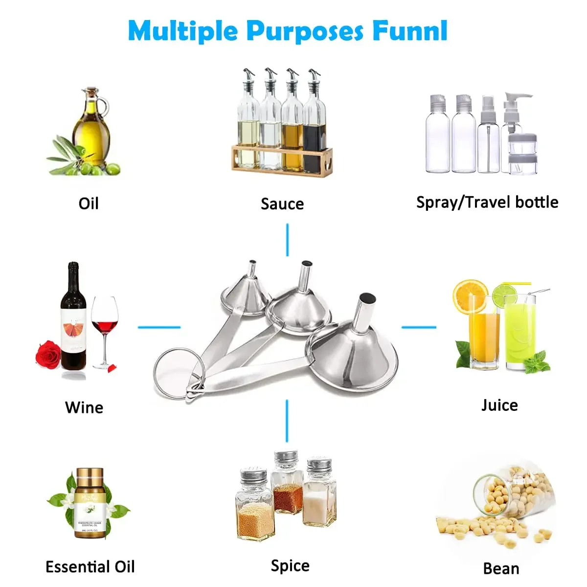 Mini Stainless Steel Funnel Set for Oil Transfer, 3-Piece Kitchen Aid with Long Handle and Cleaning Brush