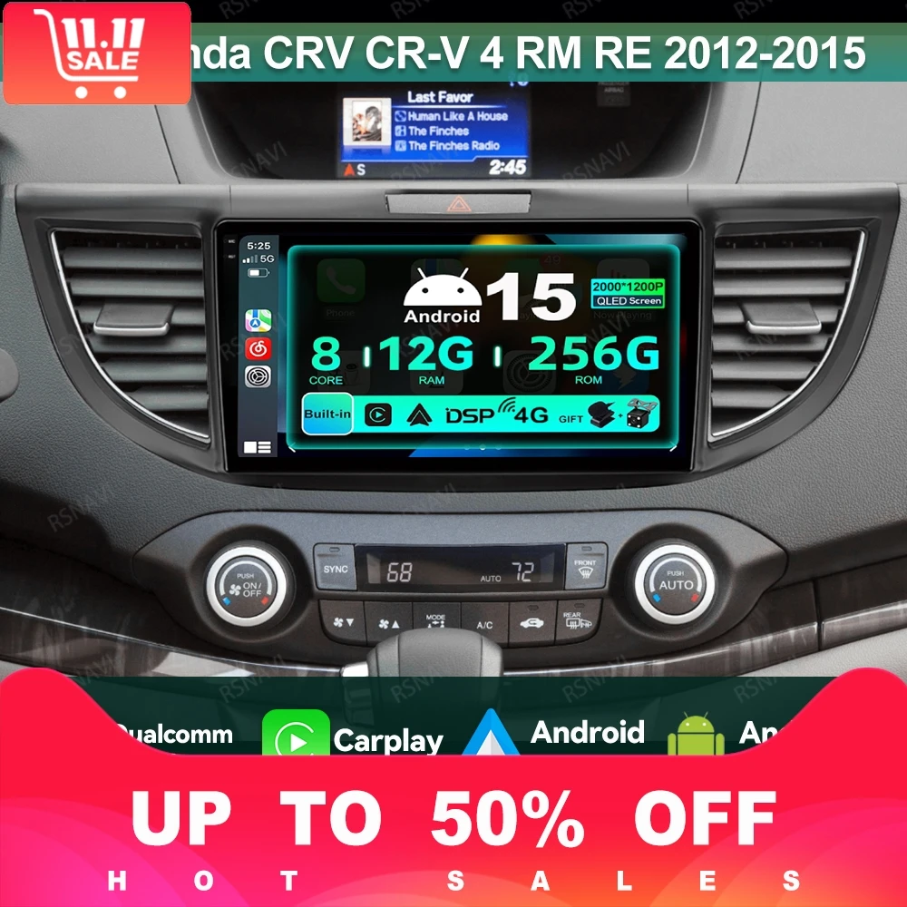 Car Radio Android 15 For Honda CRV CR-V 4 RM RE 2012-2015 Head Unit QLED Navigation DVD Multimedia Wireless Carplay Auto 4G LTE