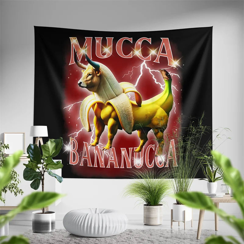 

Настенный гобелен Aertemisi Mucca Bananucca с итальянским мемом, прикольный, для декора спальни, гостиной, фон для вечеринок