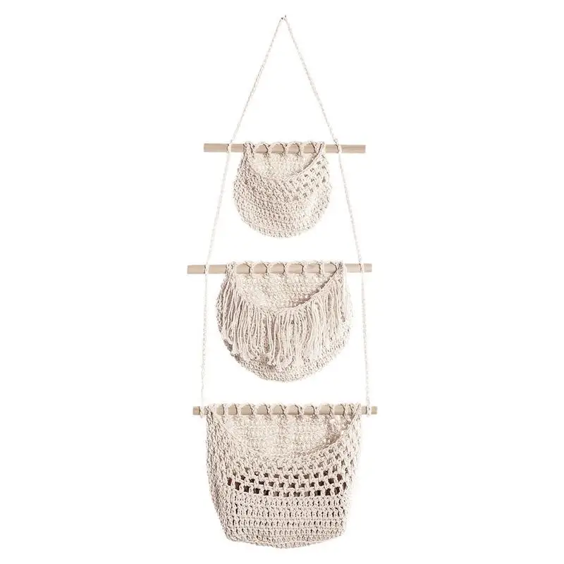 

Hanging Basket Boho Decor Flower Plant Holder Hanging Fruit Hand-woven Basket Three Layer Hanging Wall Fruit Hanging Basket