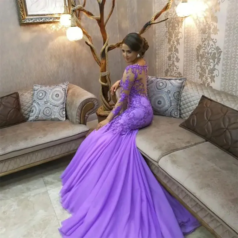 Purple Mermaid Women Special Occasion Prom Dresses With Long Sleeves Glamorous Lace Appliques Beaded Formal Party Gowns