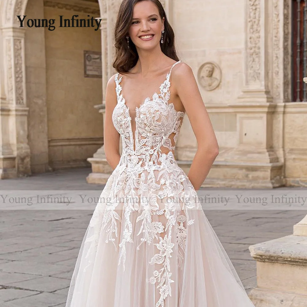 Elegante una linea abito da sposa 2024 abito da sposa scollo A V Backless pizzo Applique lunga sposa festa formale donna estate Boho Wear bianco