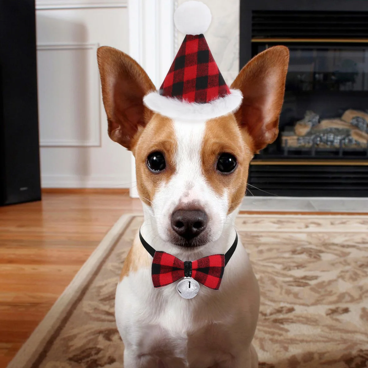 

2 Pcs Lattice Pet Christmas Hat Bow Tie Set Small Dog Outfits Winter Non-woven Fabric Collars