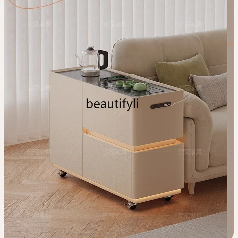 

Cream Wind Solid Wood Mobile Tea Brewing Table Kettle Integrated Multifunctional Tea Table Smart Sofa Side Cabinet