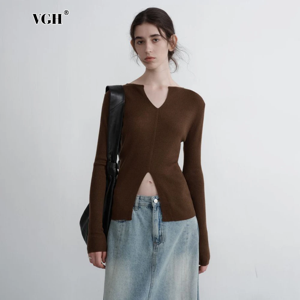 VGH Sexy Slimming Knitting Sweaters For Women V Neck Long Sleeve Temperament Pullover Split Sweater Female Clothing Fashion New