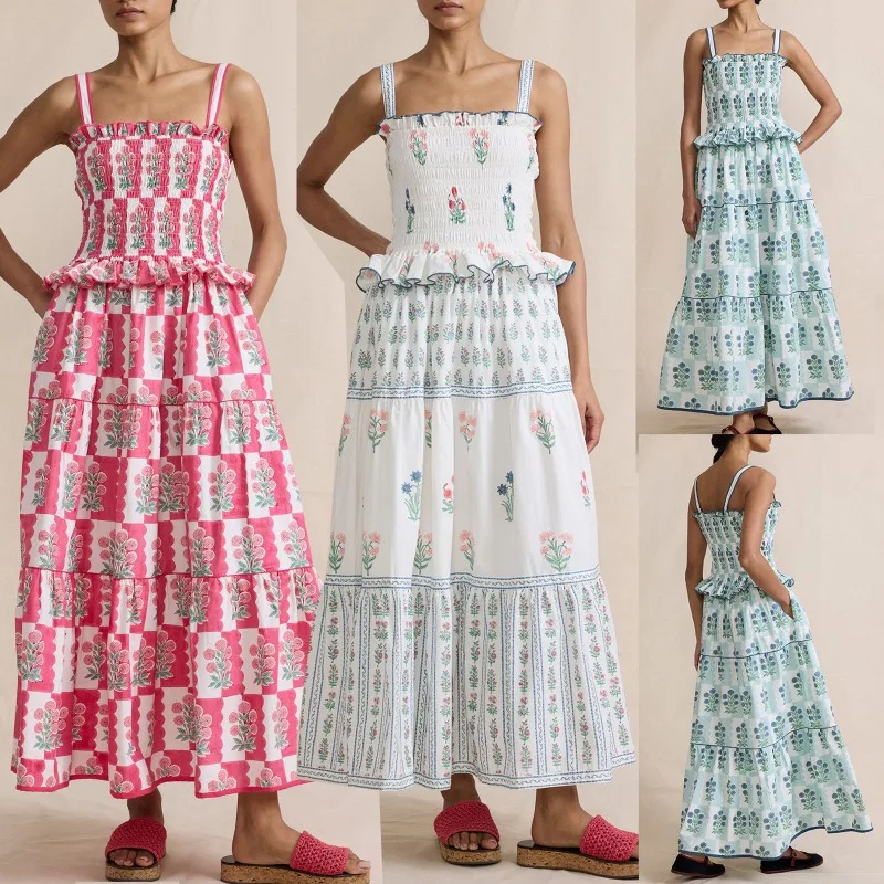 Femmes été robe Maxi florale décontracté Spaghetti sangle sans manches à volants à plusieurs niveaux invité de mariage fluide Boho plage robe de vacances
