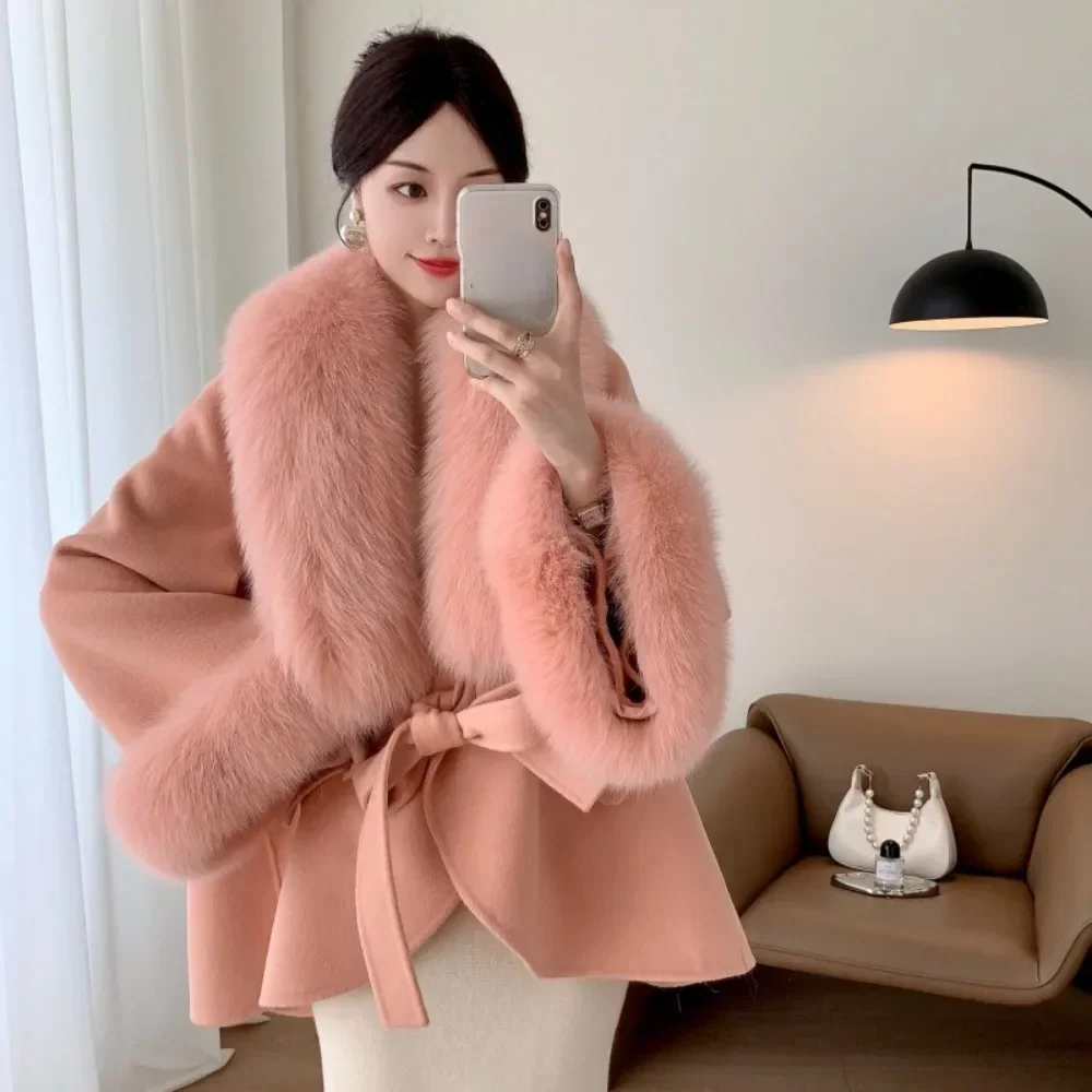 Real Big Fur Coat Women Detachable Collar Woolen Jacket New Fashion Winter Autumn Loose Cashmere Blends Luxury Fashion Cloak