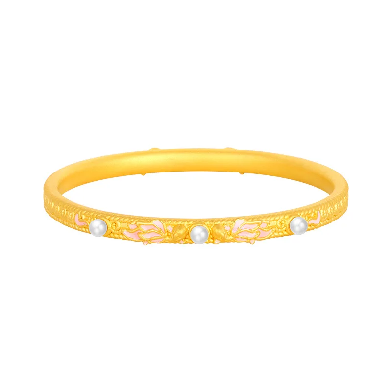Charm Golden Relief Lotus Circular Bangle For Women Exquisite Jewelry Decoration Romantic Gift 2024