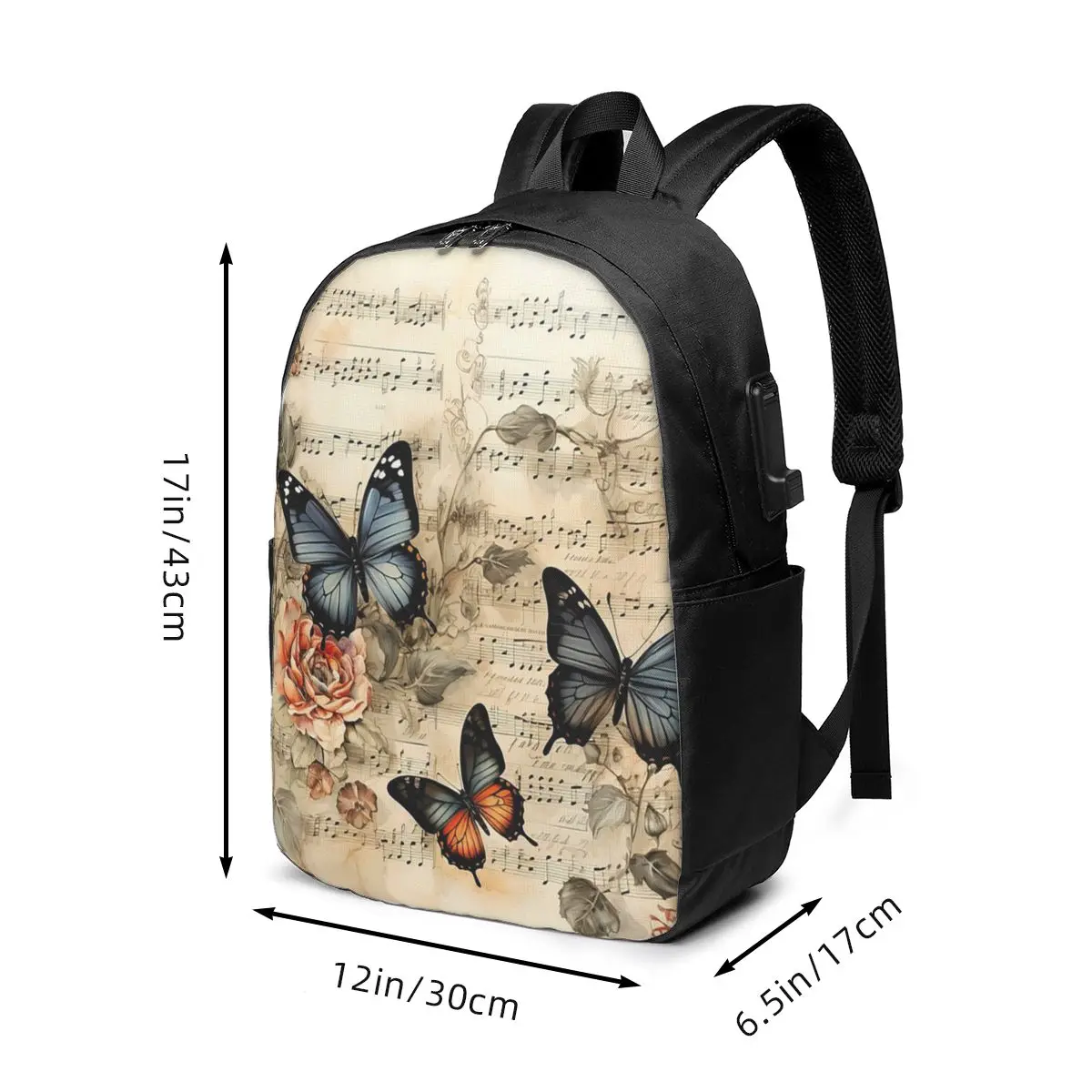 Vintage Butterfly Flowers And Music Notes Backpack Travel Notebook Bag Computer College Student School Bag Laptop Shoulder Bags