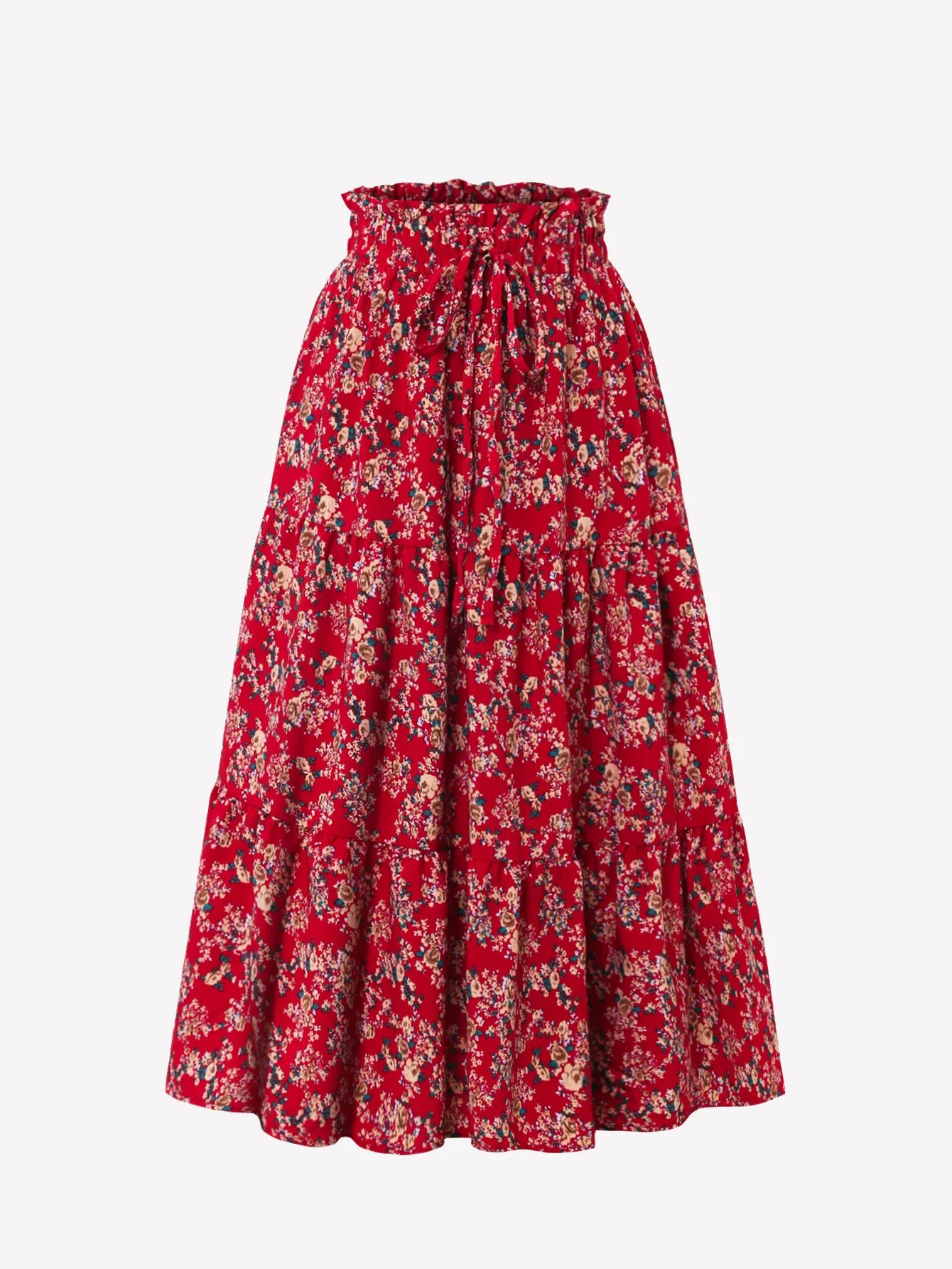 

Summer Women Skirt Floral Print Tiered Women's Long Skirts Smocked Waist Black Floral Skirt Ruffle Hem Midi Skirt A Line