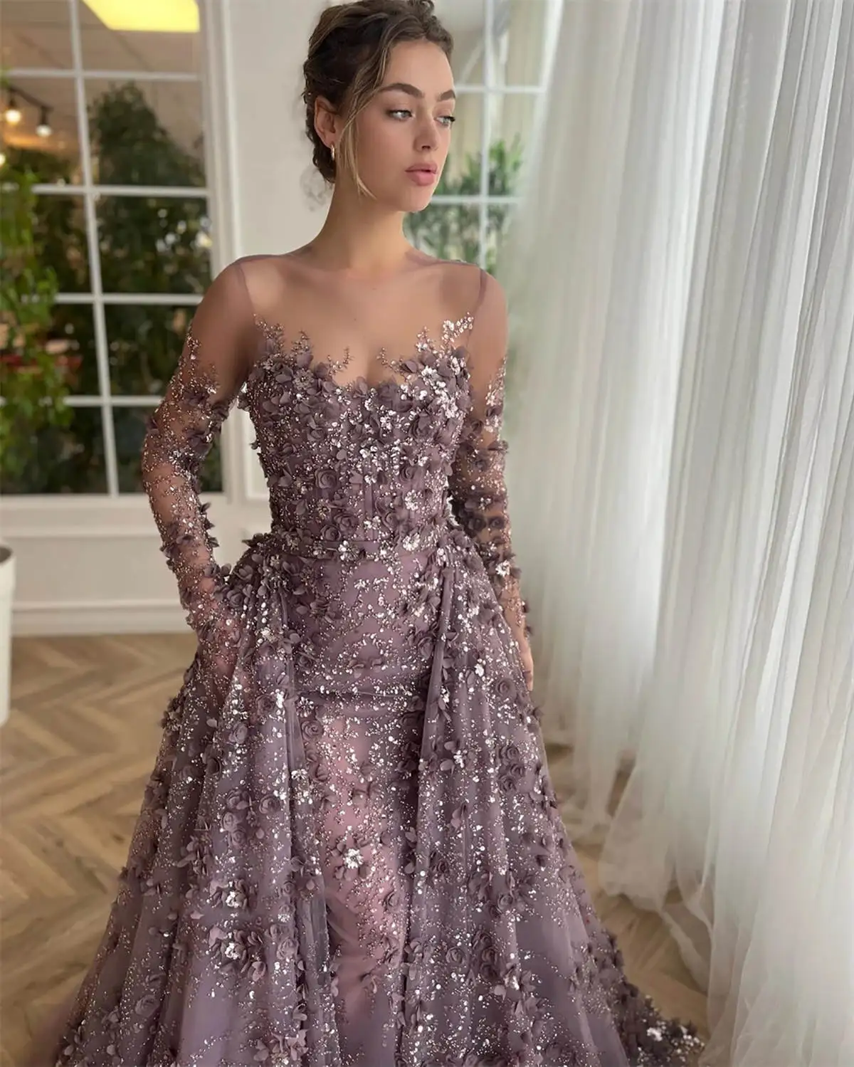 Exquisite Mermaid Prom Dresses 3D Flowers Appliques Evening Gowns Detachable Train Long Sleeve Custom Made Robes de soirée