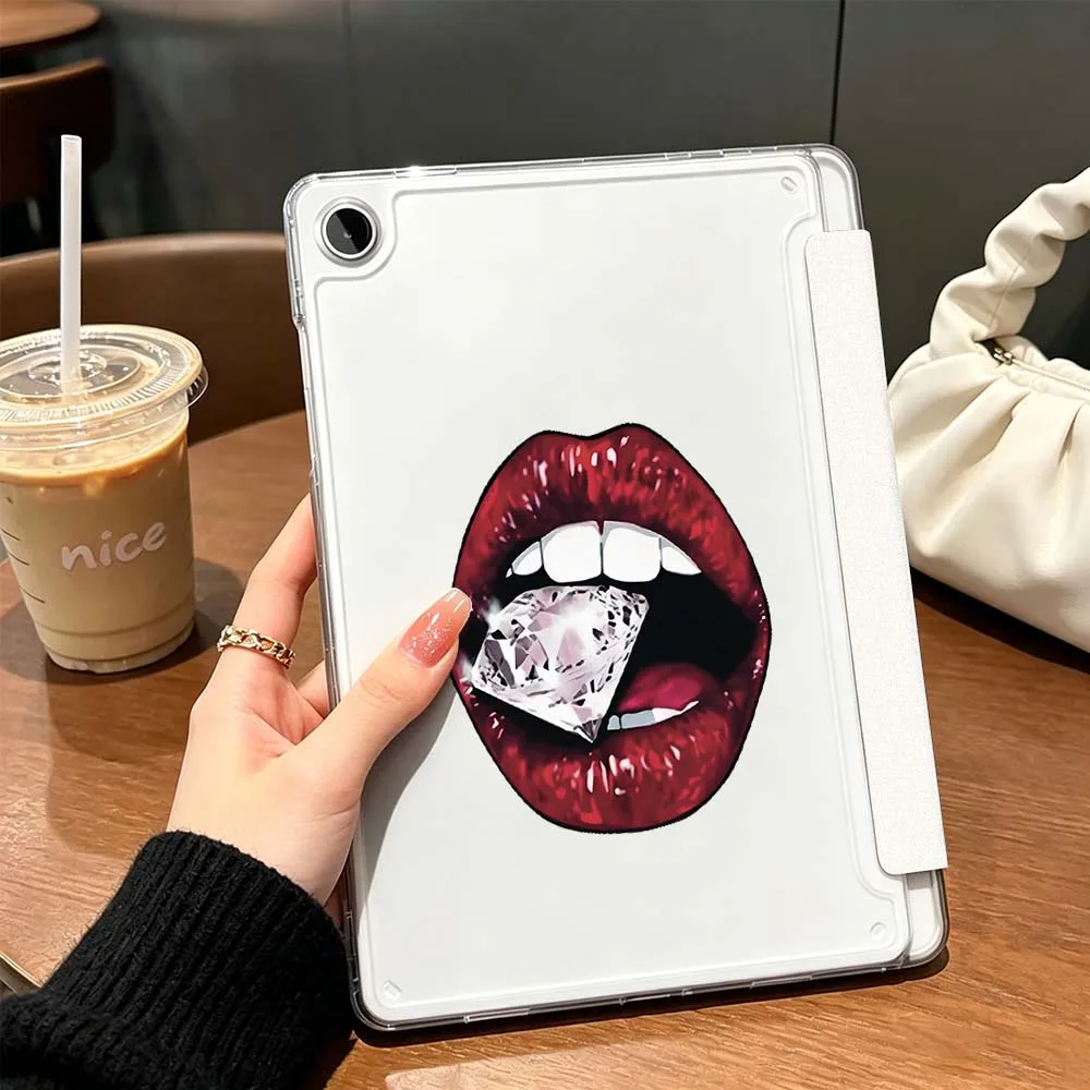 Red Lips Nails Art For Samsung Galaxy Tab A9 A8 A11 S6 S7 S8 S9 S10 FE Plus Lite Transparent Y-Shaped Folding Tablet Case