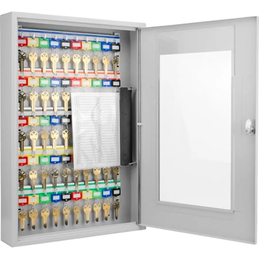 

Wall Mount Steel Key Lock Box with Glass Door and Labeled Hooks for Home Office Property Management Includes Colored Key Tags f