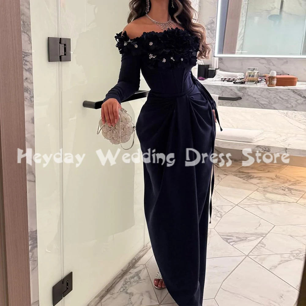 

Heyday Women's Boat-neck 3D Flowers Beaded Ankle-Length Saudi Evening Dresses With Long Sleeves Formal Elegant Dresses 2025