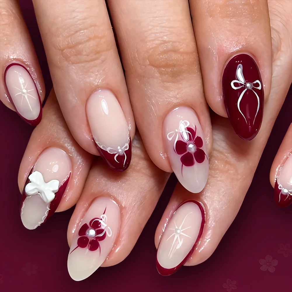 

24Pcs Red Flower Lace French Press on Nails Mid-length Almond Fake Nails with 3D Bow Pearl Reusable Full Cover False Nails Tips