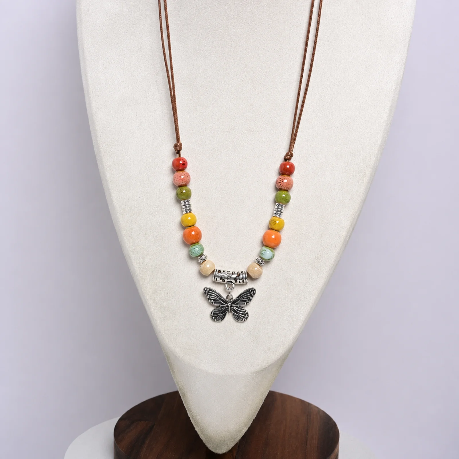 Handmade Ceramic Bead Colorful Butterfly Necklace with Waxed Cord Braided Alloy Accent Artisan Jewelry 608P16-01