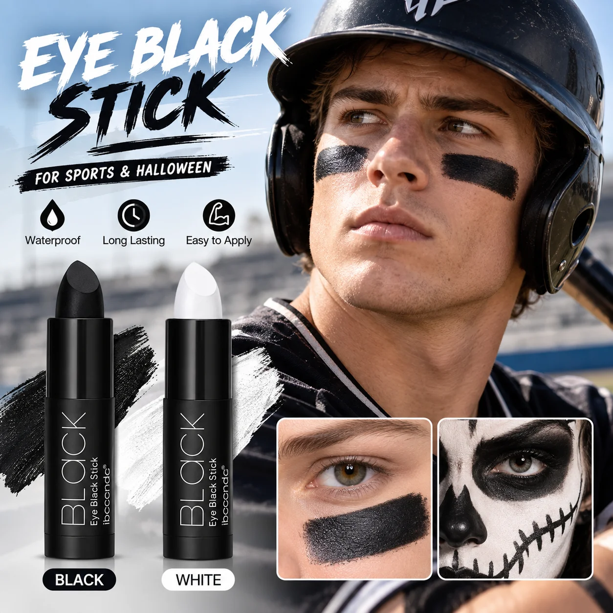 Black/White Lip Face Paint Stick For Football/Baseball/Softball Sports Long Lasting Waterproof Eye Black Stick Halloween Makeup