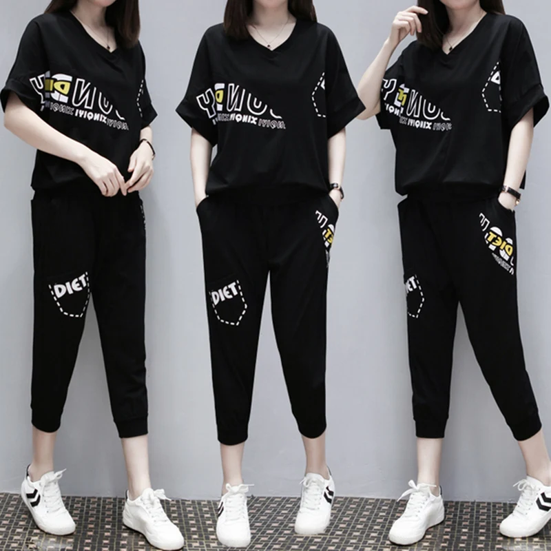 

Loose Casual Sportswear Set for Women Summer New Korean Style Letter Short Sleeve Slimming Young-looking Two-piece Set