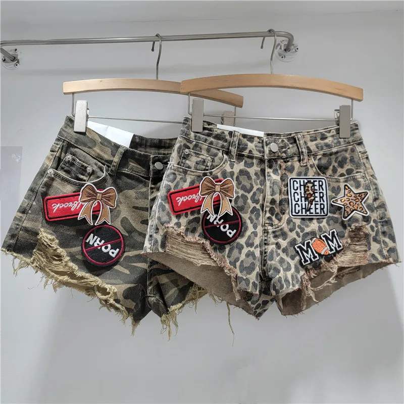 

Summer Leopard Print Denim Shorts For Women Sexy High Waist Ripped A-Line Hot Pants Patchwork Slimming Casual Jean Shorts