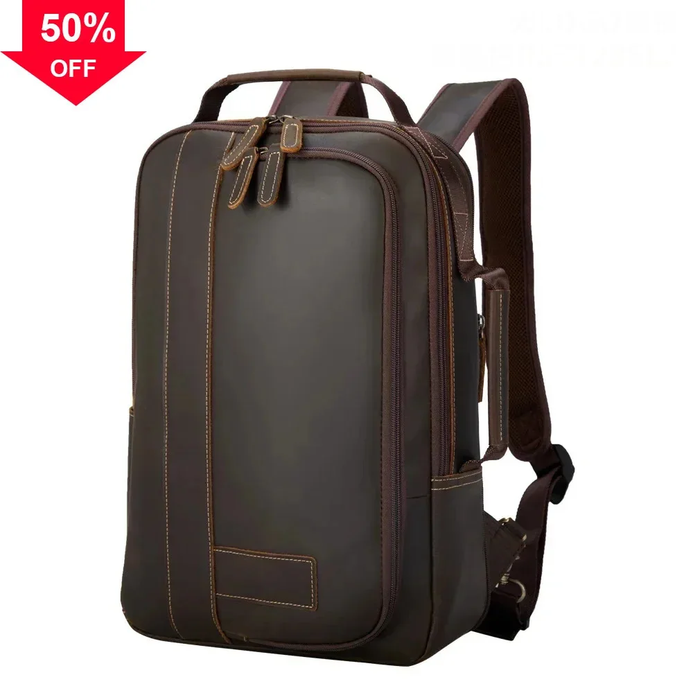 Multifunction Backpack For Men Genuine Handbags Travel Bag Crazy Horse Leather Male Backpacks 15.6 Laptop