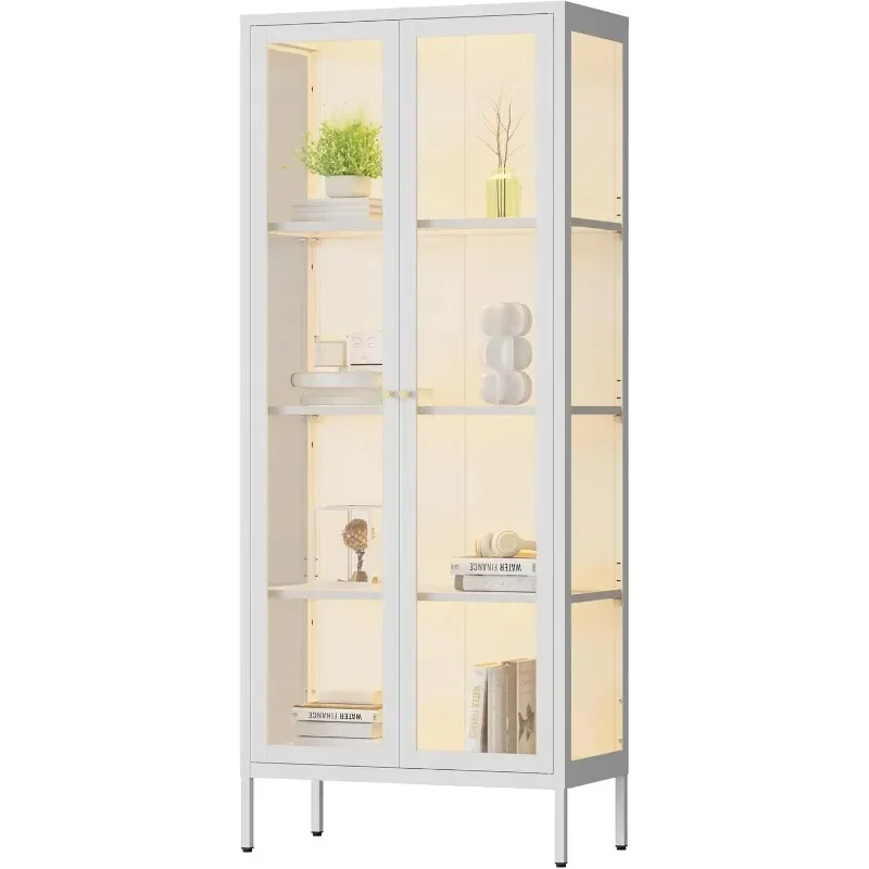 66 Inch Tall Display Cabinet With Led Lights Tempered Glass Glass Sides White Display Case Collectibles Living Room Assemble Req