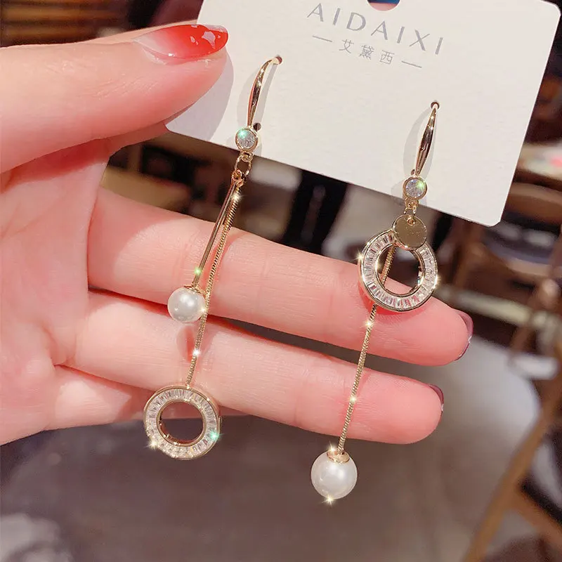 Women Asymmetric Circle Pearl Tassel Earrings Super Fairy Elegant High-end All-match Dangle Jewelry