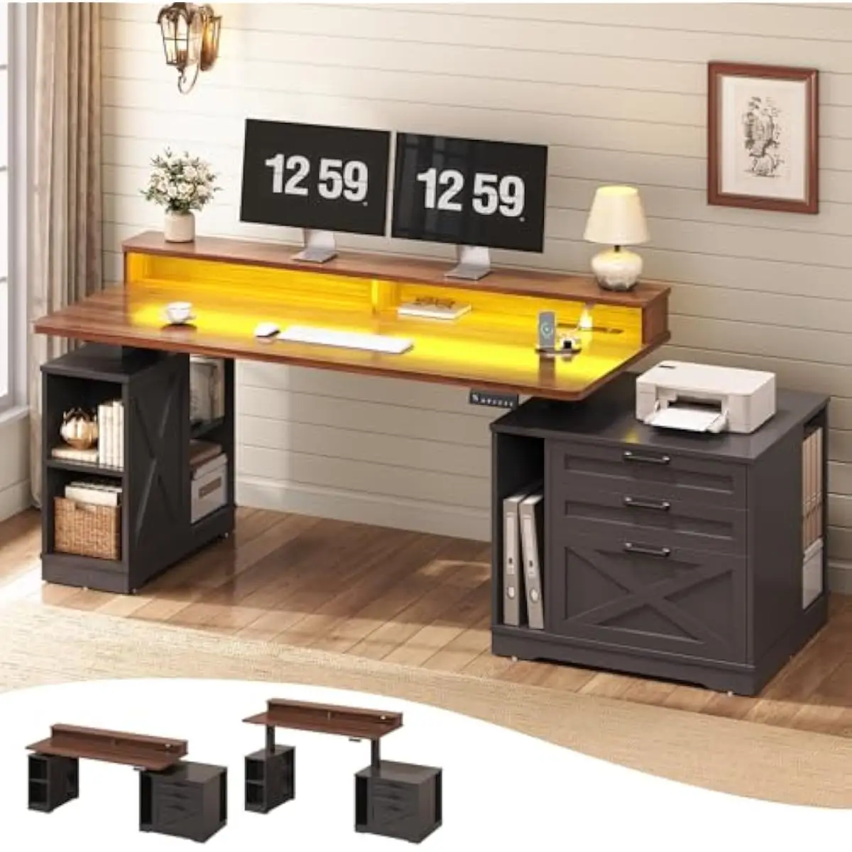 Electric Height-Adjustable Farmhouse Desk Featuring 3 Drawers File Storage LED Lighting Integrated Power Strip 55W x 236D x 283–