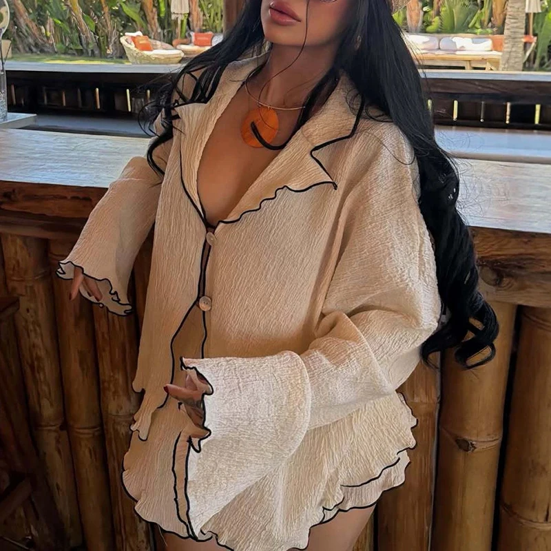 2026 Seaside Vacation Loose Two Piece Women Lapel Button Shirt and Shorts Beach Outfit Color Blocked Long Sleeved Casual Suits