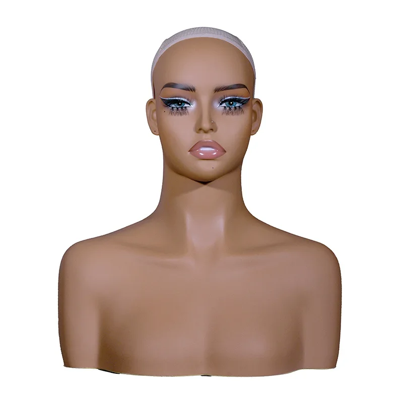 Makeup Mannequin Head with Eyelashes Lips, Black Skin Half Body Wig Mannequin Head with Stand for Hair Styling Display