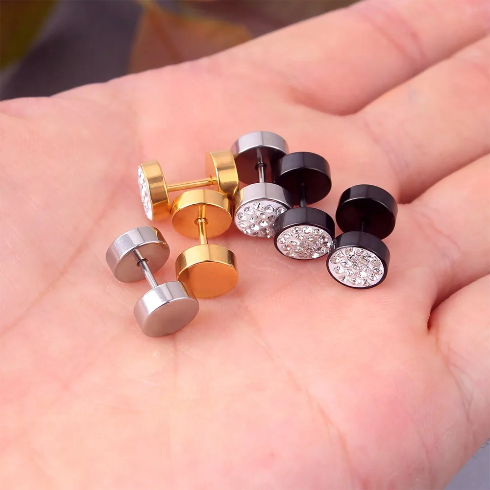 1pair Fashionable Cubic Zirconia Inlaid Stainless Steel Dumbbell Men\'s Stud Earrings